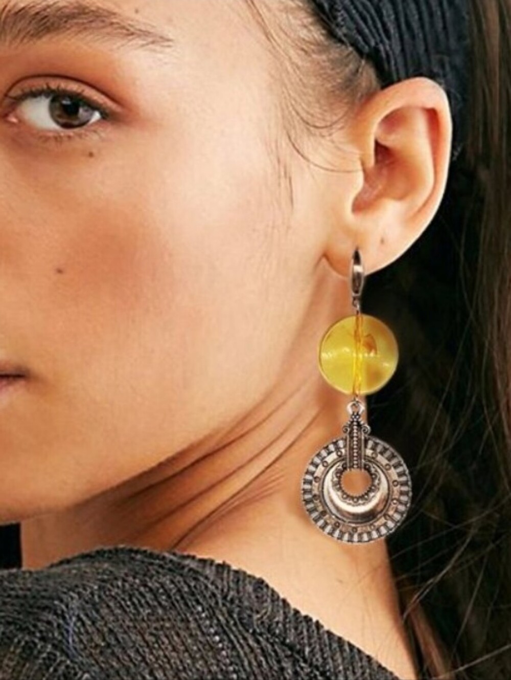 Free People Jewelry Beewax Amber Silver "Inka" Discs Dangling Earrings